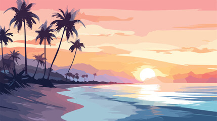 A serene beach at sunset with palm trees and gentle - obrazy, fototapety, plakaty