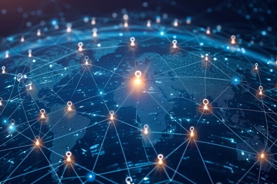 This photo depicts a world map with a multitude of dots, illustrating various locations across the globe, A web of globally connected remote workers, AI Generated
