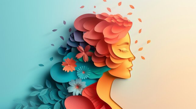 World Maternal Mental Health Day. Happy Mother's day. Floral decorations in paper art style. Paper craft card of young woman with flowers in her hair. Generative ai - Powered by Adobe