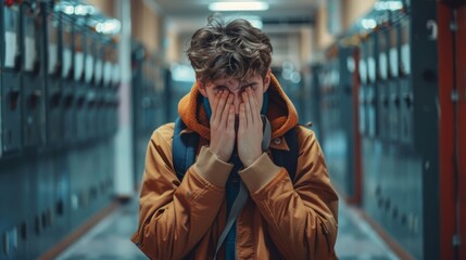 Fototapeta premium Sad unhappy teenage boy covered his face with hands standing alone in school corridor. Stress, bullying and mental problem in childhood. Generative ai