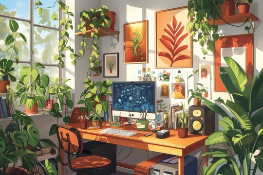 An art piece depicting a desk with a computer placed on top, showcasing a modern workspace, A whimsical depiction of home workspace with plants and art, AI Generated
