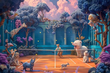 A painting depicting a group of animals engaging in a game of tennis on a court, A whimsical scene where animals are playing a tennis match, AI Generated