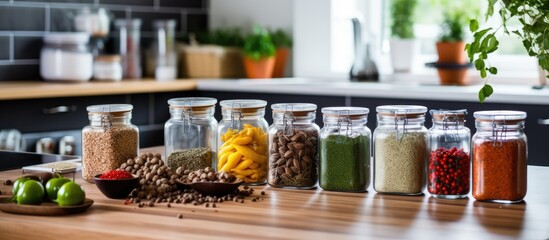 Numerous jars filled with various spices are neatly arranged on a kitchen counter