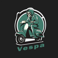 t shirt design scooterist  with skeleton riding scooter 