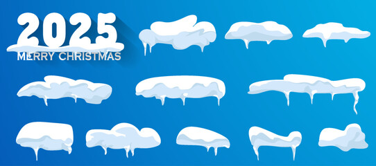 Snow caps, snowballs and snowdrifts set. Snow cap vector collection. Winter decoration element. Snowy elements on winter background. Cartoon template. Snowfall and snowflakes in motion. Illustration. - 764215911