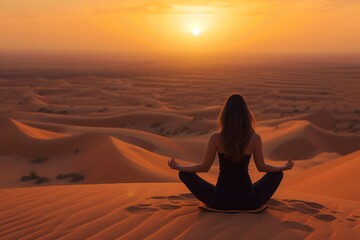 A woman is seated alone in the harsh, barren landscape of a desert, A woman practicing yoga on a desert sand dune, AI Generated