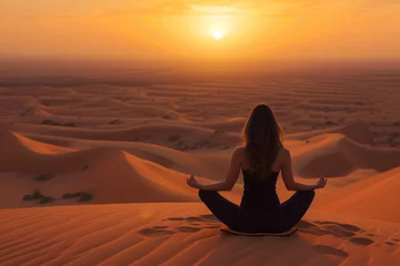 Plexiglas foto achterwand A woman is seated alone in the harsh, barren landscape of a desert, A woman practicing yoga on a desert sand dune, AI Generated © Iftikhar alam