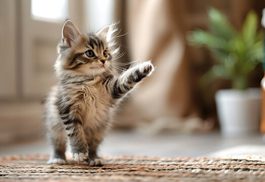 A striped kitten with glasses raises its paw up and gives a high five. Kitten on a blue background. High quality photo