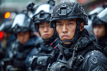 Asian SWAT Team in Winter: Black Tactical Gear, Airsoft & Military Imagery - obrazy, fototapety, plakaty