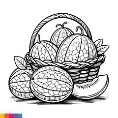 Fruit Basket line art illustration for the coloring book. Fruits coloring page. Vector graphics