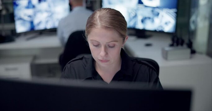 Computer, security and woman with surveillance on screen for protection, safety and service in building. Law enforcement, technology and person in control room for watching, inspection and monitor