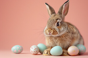 bunny with easter eggs in a basket on pink background