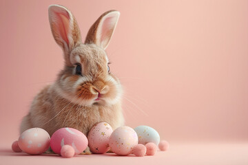 bunny with easter eggs in a basket on pink background