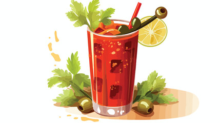 A spicy bloody mary with a celery stalk and olives.