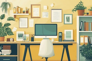 A computer sits on a desk in a well-lit room, with a chair next to it and a keyboard and mouse on the desk, Abstract representation of a home office setup, AI Generated