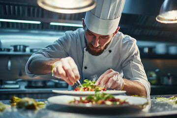 Chef dressed in white outfit preparing a dish or preparing a healthy salad on a white plate on the kitchen in a restaurant
