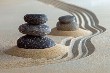 Fototapeta na wymiar Zen Stones With Lines On Sand. Spa Therapy concept