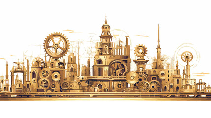 A steampunk metropolis filled with brass machinery - obrazy, fototapety, plakaty