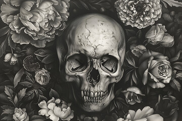 Cartoon male skull surrounded by roses