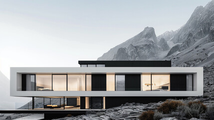 A minimalist black and white house with floor-to-ceiling windows, standing boldly against a dramatic mountain backdrop, 