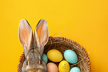 bunny with easter eggs in a basket on a yellow background