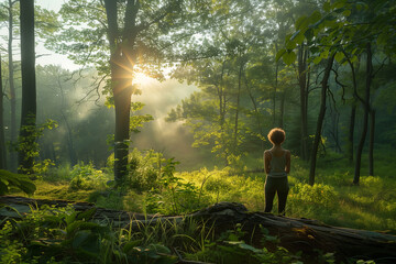 A serene forest clearing with a person practicing walking meditation. Woman stands on log in forest, watching sun through trees