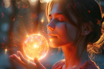 Naklejka premium A person practicing visualization techniques for goal achievement. The woman is holding a glowing ball in her hands, creating a lens flare effect