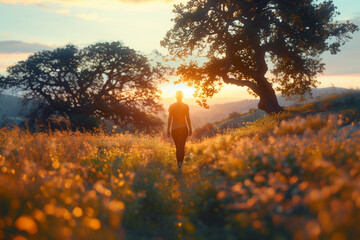 A person practicing mindfulness while enjoying a nature walk. A person walks through a field of flowers as the sun sets - obrazy, fototapety, plakaty