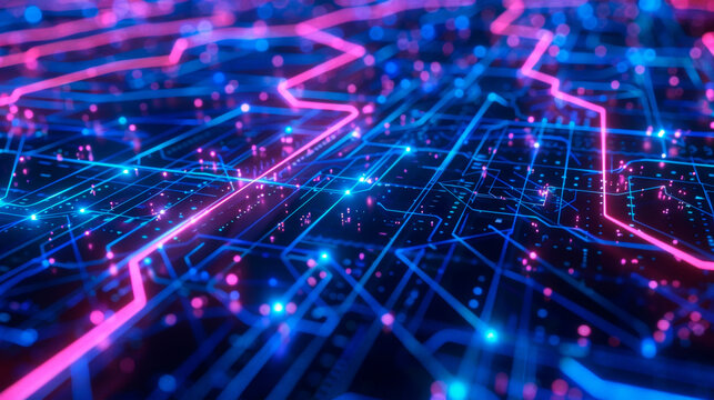 Blue, pink background intersecting lines, dots creating a geometric pattern. Global Digital Network. Artificial Intelligence. AI. Data transmission. Big data. Virtual reality. Banner. Copy space