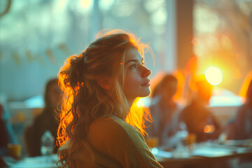A person attending a seminar on resilience and coping strategies. A woman is sitting at a table in a restaurant looking up at the sun