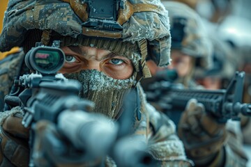 Frosty Field Soldier Close-Up: Camo, Helmet, Weapon, Airsoft Fun - obrazy, fototapety, plakaty