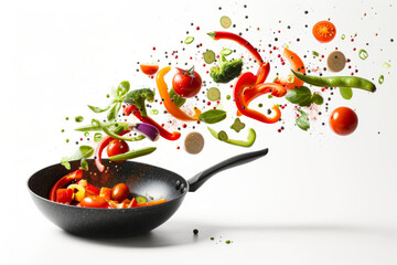 Splash of various vegetables from a dark frying pan isolated on white background with space for text or inscriptions. Splas ingredients from the pan
