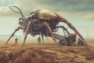 A massive spider is standing upright in an open field, showcasing its intimidating size and presence, Alien creatures working on futuristic farming machinery in an open field, AI Generated - obrazy, fototapety, plakaty