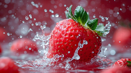 Delicious Wet Strawberry on Vibrant Red Background - obrazy, fototapety, plakaty