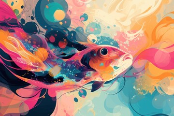 This photo captures a painting of a goldfish surrounded by vibrant bubbles of various colors, An abstract design expressing the feelings of anxiety associated with a seafood allergy, AI Generated - obrazy, fototapety, plakaty