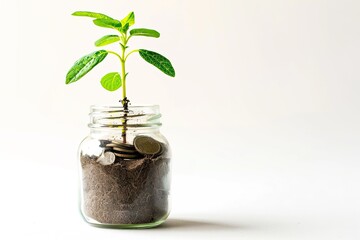 Fototapeta na wymiar Young plant growing from coin jar isolated on white background
