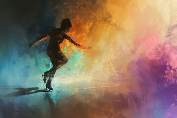 A person skillfully rides a skateboard on a vibrant and colorful background, An abstract interpretation of a figure skater's emotions right before they begin their performance, AI Generated - obrazy, fototapety, plakaty