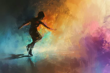 Foto op Aluminium A person skillfully rides a skateboard on a vibrant and colorful background, An abstract interpretation of a figure skater's emotions right before they begin their performance, AI Generated © Iftikhar alam