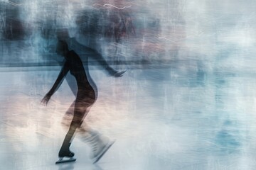A fast-moving person skates on a rink, captured in a blurred image, An abstract interpretation of a figure skater's emotions right before they begin their performance, AI Generated - obrazy, fototapety, plakaty