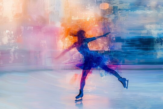 A realistic painting depicting a woman gracefully skating on a rink, An abstract interpretation of a figure skater's emotions right before they begin their performance, AI Generated