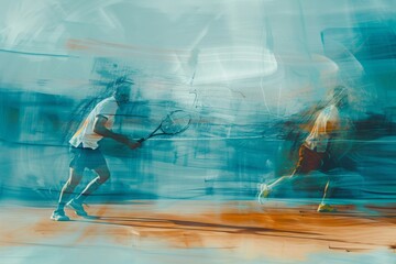 A man confidently holds a tennis racquet on top of a tennis court, preparing to participate in a game, An abstract representation of the emotion felt during a tense tennis match, AI Generated - obrazy, fototapety, plakaty