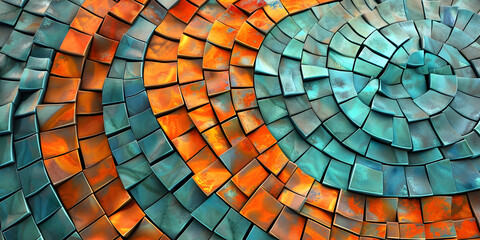 A colorful mosaic of a tire with a rainbow pattern A circular mosaic tile wall with intricate design.