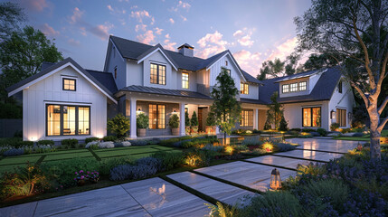 A moment of tranquility unfolds as twilight graces the modern farmhouse luxury home exterior,...
