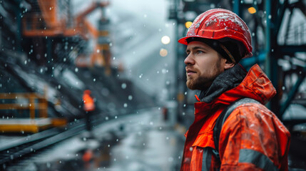 A reflective industrial worker in a red hard hat and waterproof gear stands amidst a snowfall at a manufacturing plant.