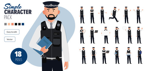 Simple flat police man officer vector character in a set of multiple poses. Easy to edit and isolated on a white background. Modern trendy style character mega pack with lots of poses.	
