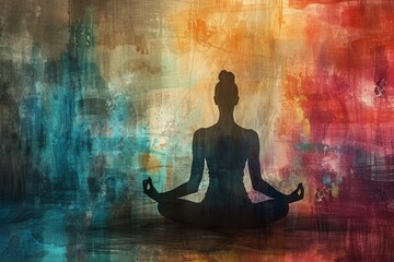 A person sits in a lotus position, meditating in front of a painting, An abstract representation of the sense of peace achieved through yoga, AI Generated