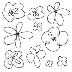 Floral graphic scribble design. Seamless pattern. Set. Abstract minimal flower. Beautiful floral background. Vector art illustration for textile, wallpaper. Hand-drawn with a black brush.