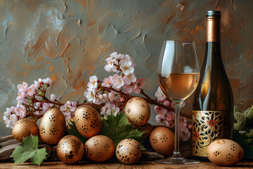 A still life arrangement of colorful easter eggs and a bottle of wine, creating a festive and traditional atmosphere.