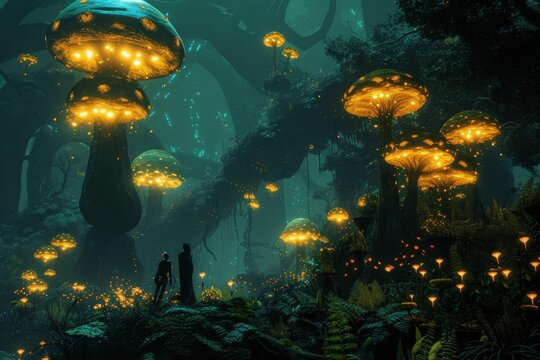 A man stands in the middle of a forest teeming with mushrooms, surrounded by a dense growth of fungal organisms, An alien forest filled with luminescent plants and giant mushrooms, AI Generated