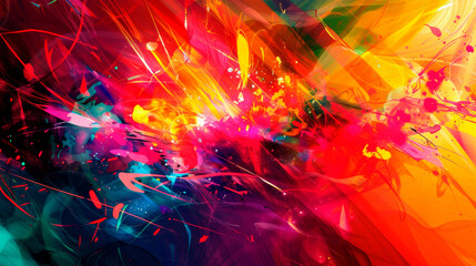 Fototapeta premium An abstract painting featuring a dynamic mix of colors, creating a lively and energetic visual experience. A dynamic and abstract composition. Colored smoke. Banner. Copy space